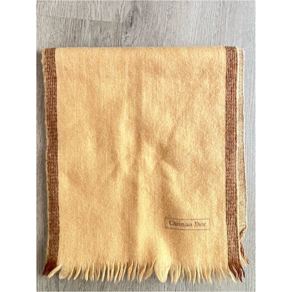 Christian Dior Wool Scarf Beige Fringe Logo Luxury Unisex Winter Wrap